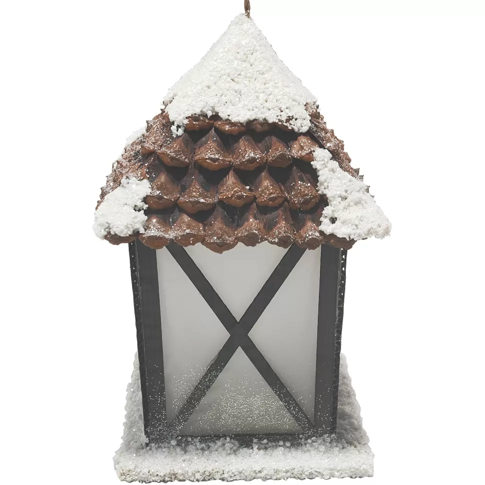 Christmas Forever LANTERN SNOWED WOODEN/PINE CONE5″x8.5″ NATURAL/BIRCH LOOK LED LIGHT-UP W/ TIMER