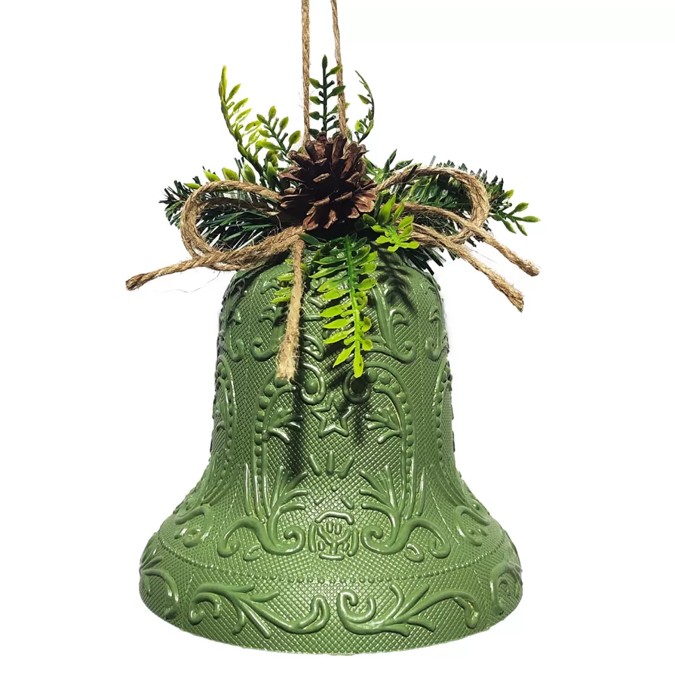 Christmas Forever LIBERTY BELL EMBOSSED PVC GREEN ANTIQUE 6″ W/ PINE & CONE