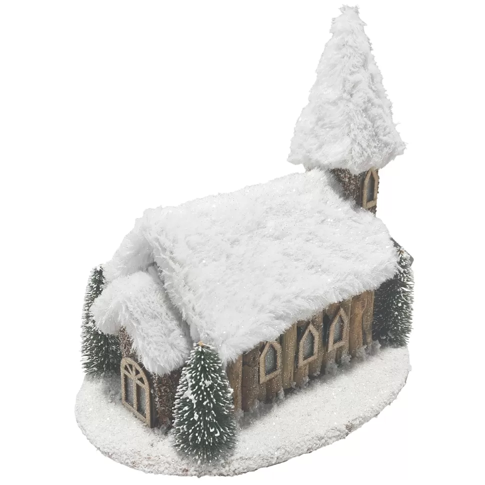 Christmas Forever LOG LOOK CHURCH SNOWED WOODEN/RATTAN 10″x9.5″ NAT./BIRCH LOOK LED LIGHT-UP W/ TIMER