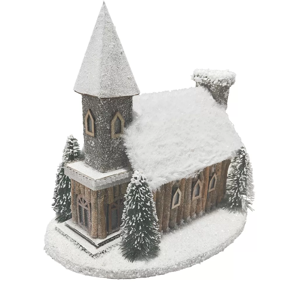 Christmas Forever LOG LOOK CHURCH SNOWED WOODEN/RATTAN 13.5″x12″ NAT./BIRCH LOOK LED LIGHT-UP W/ TIMER