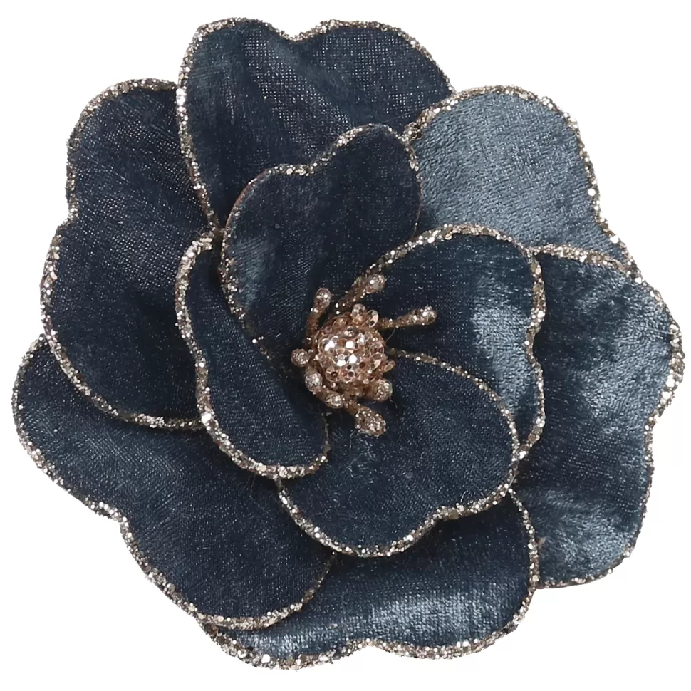 Christmas Forever MAGNOLIA HEAD BLUE 6″ VELVET W/ GLTR. EDGE & CLIP