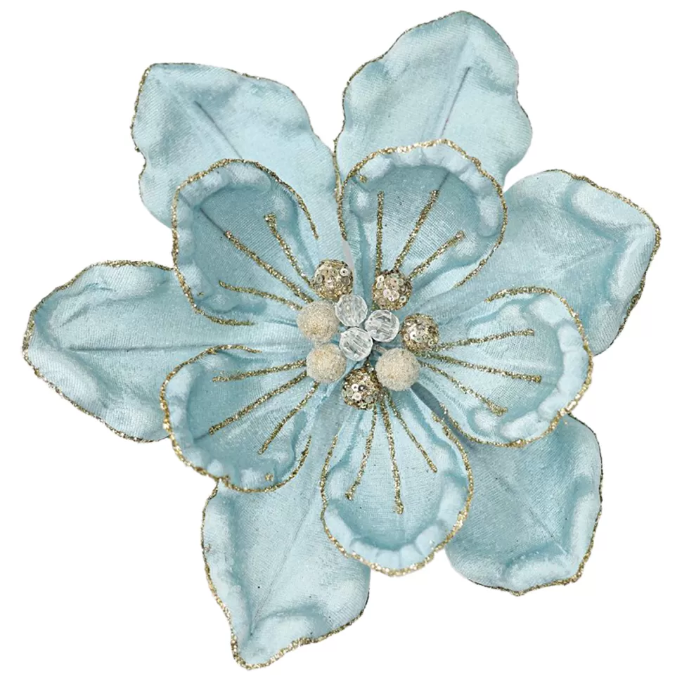 Christmas Forever MAGNOLIA HEAD BLUE ICE 9.5″ VELVET W/ CH GLITTER & CLIP