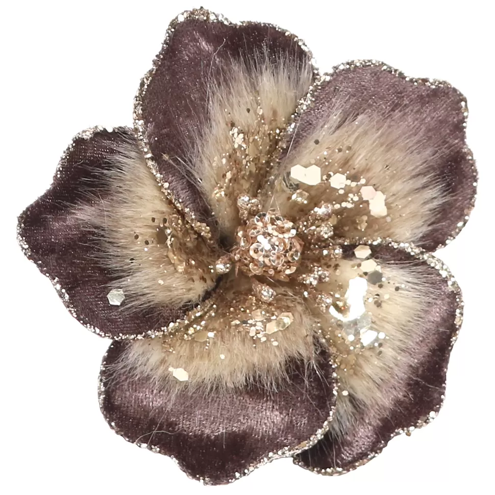 Christmas Forever MAGNOLIA HEAD BROWN 4″ VELVET W/ SEQUIN & CLIP