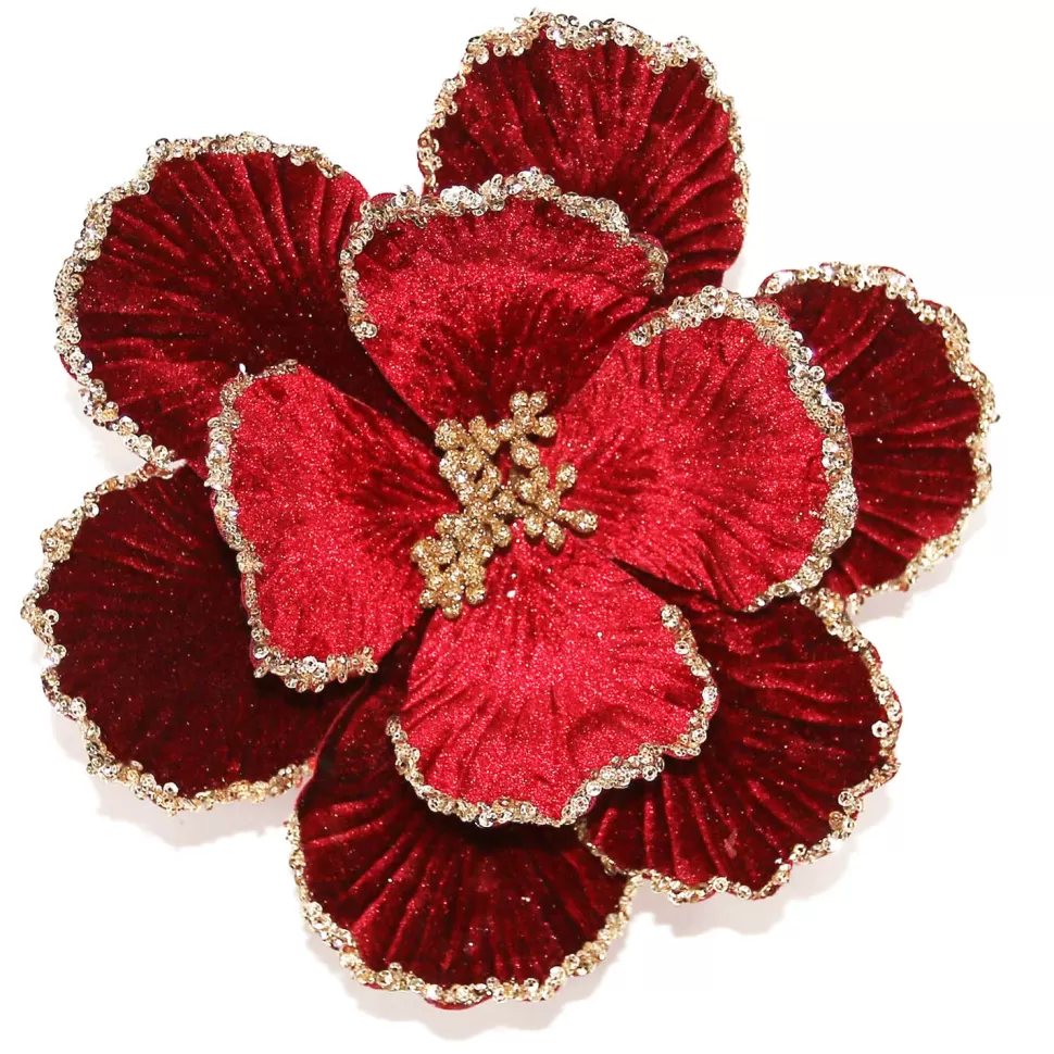 Christmas Forever MAGNOLIA HEAD BURGUNDY 9″ ROSE GOLD GLITTER W/CLIP