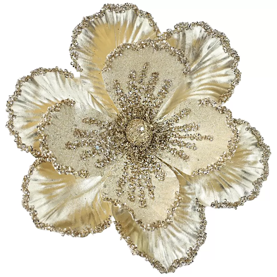 Christmas Forever MAGNOLIA HEAD CHAMPAGNE 8″ GLITTER METALLIC W/ CLIP