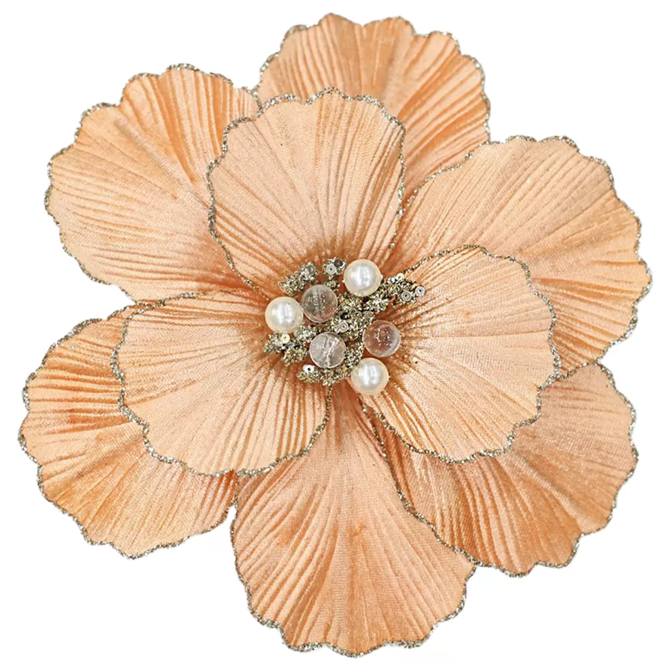 Christmas Forever MAGNOLIA HEAD CORAL 9″ VELVET CH GLITTER EDGE & CLIP