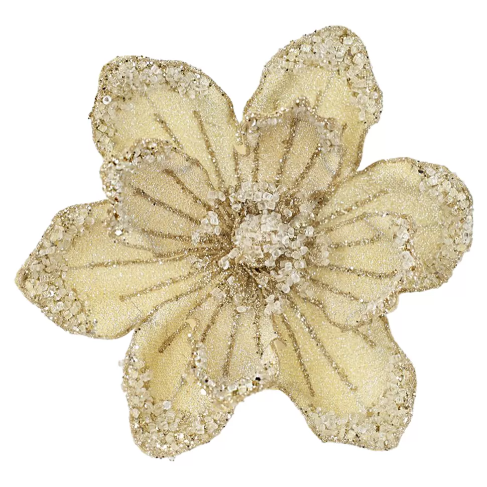 Christmas Forever MAGNOLIA HEAD GOLD 8.5″ GLITTER METALLIC W/ CLIP