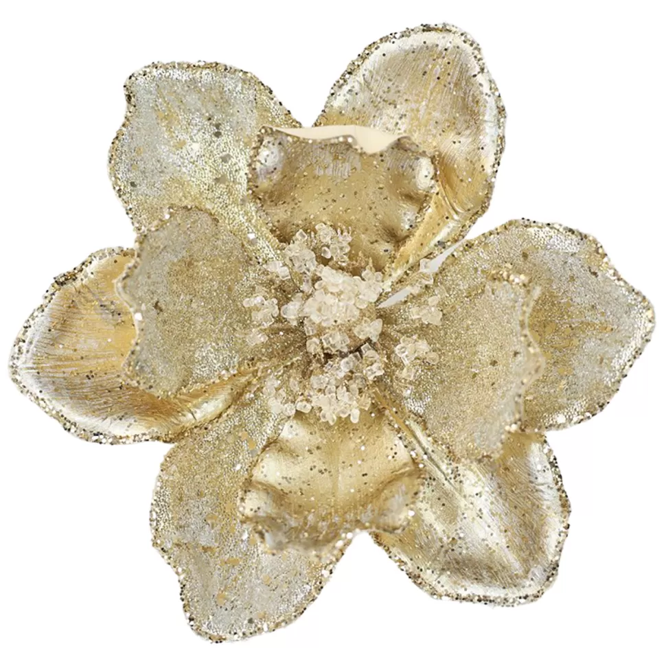 Christmas Forever MAGNOLIA HEAD GOLD/SILVER 9.5″ GLITTER METALLIC W/ CLIP