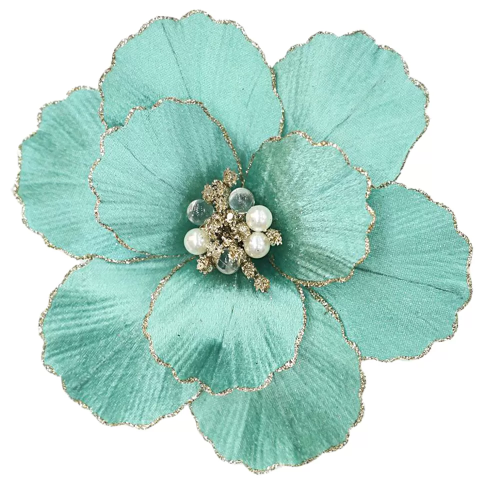 Christmas Forever MAGNOLIA HEAD GREEN AQUA 9″ VELVET CH GLITTER EDGE & CLIP