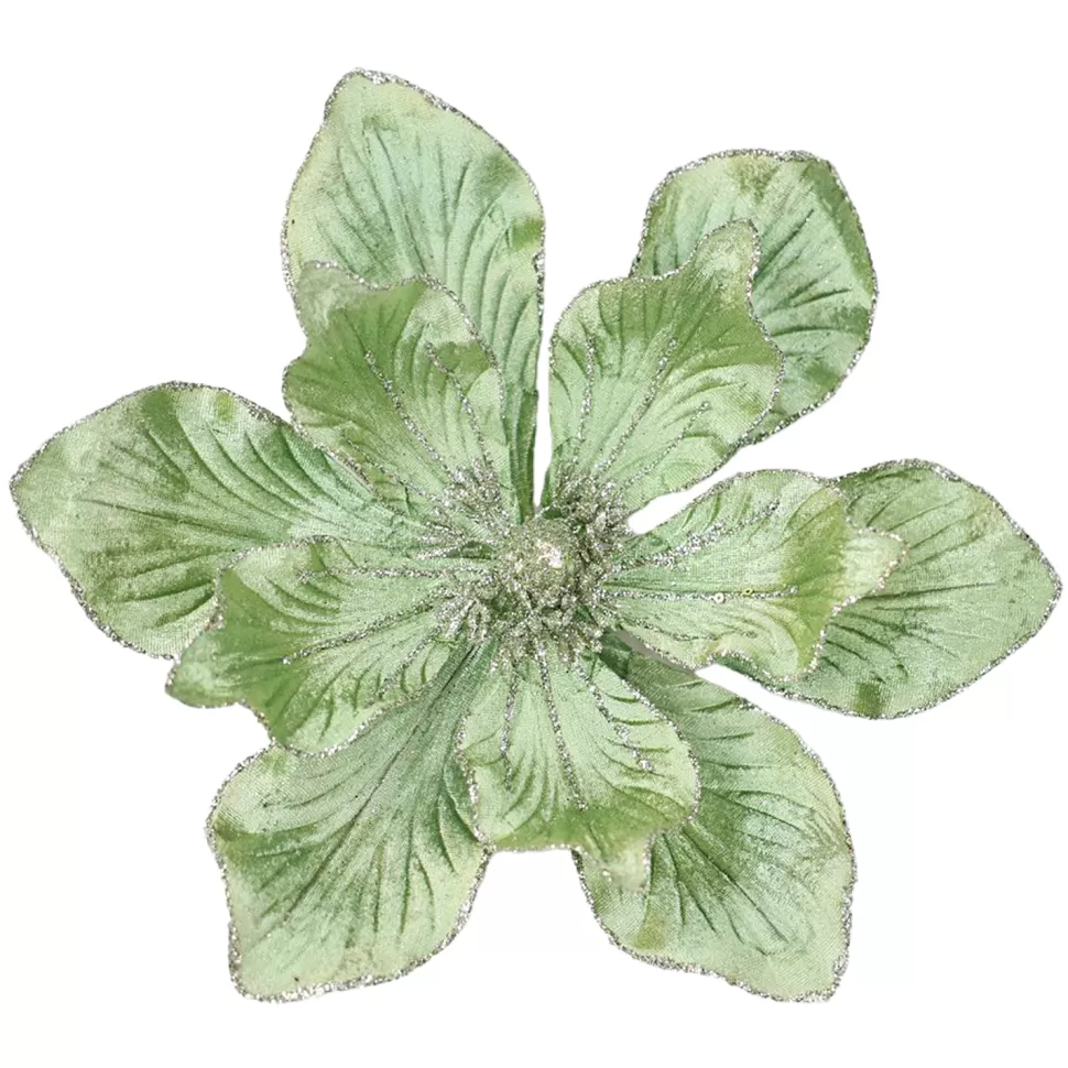 Christmas Forever MAGNOLIA HEAD GREEN SAGE 10″ VELVET W/ SILVER GLITTER & CLIP