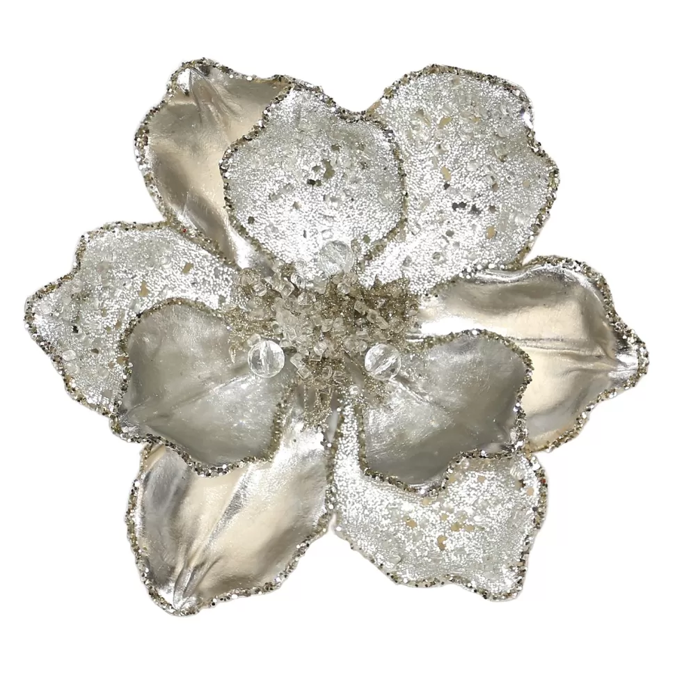 Christmas Forever MAGNOLIA HEAD PLATINUM 8″ METALLIC W/ ICE & GLTR. W/ CLIP