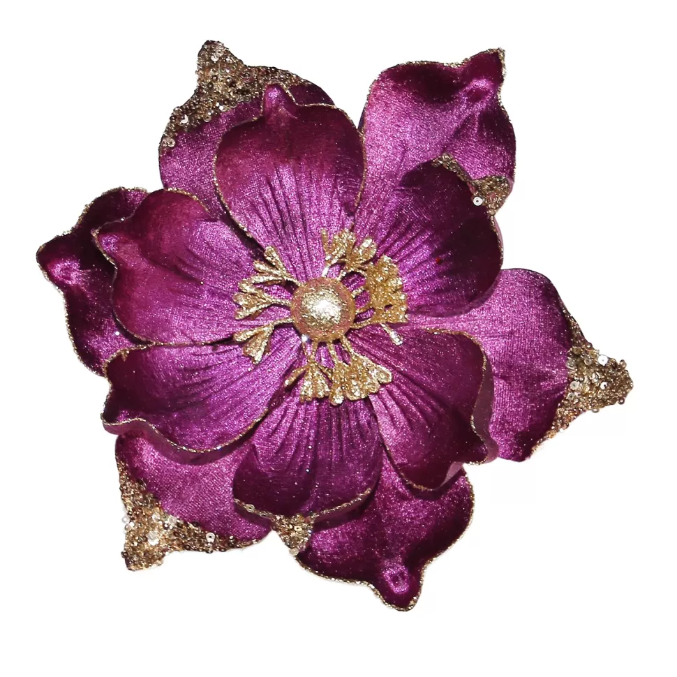 Christmas Forever MAGNOLIA HEAD PURPLE 9″ VELVET W/ CHAMPAGNE GLITR. & CLIP