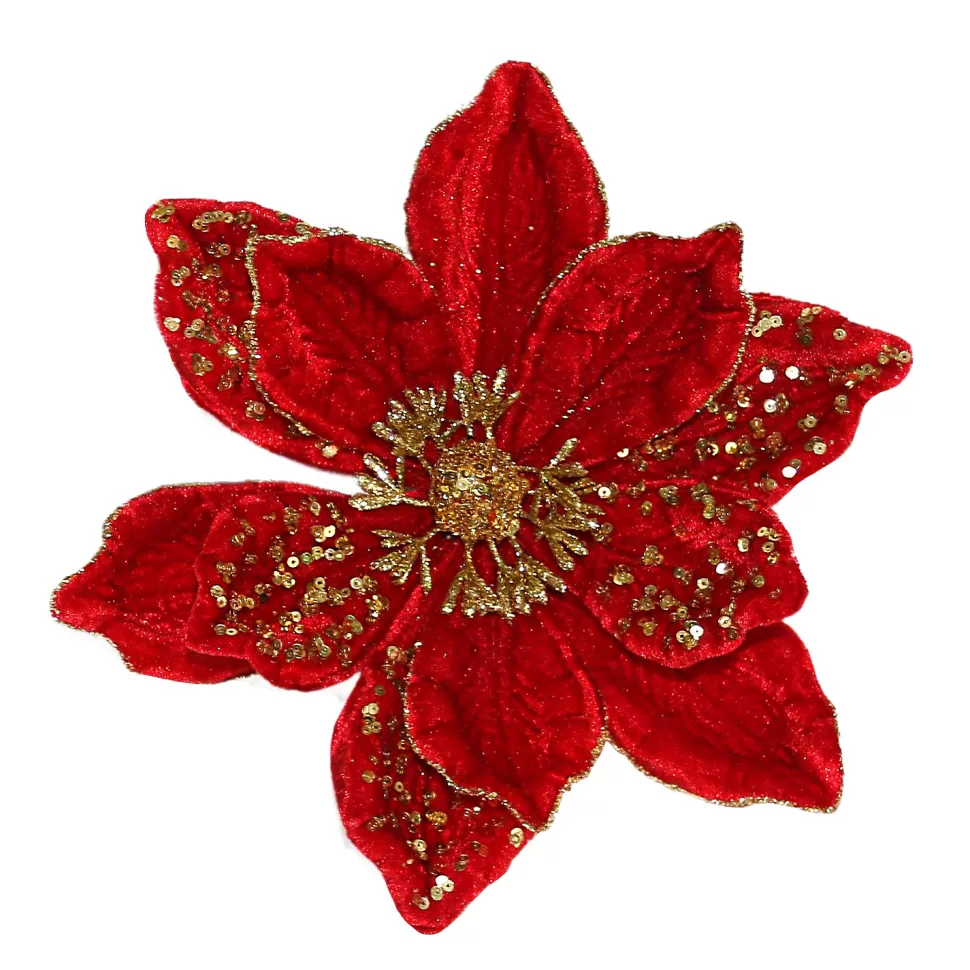 Christmas Forever MAGNOLIA HEAD RED 8.5″ VELVET W/GOLD GLTR. & CLIP
