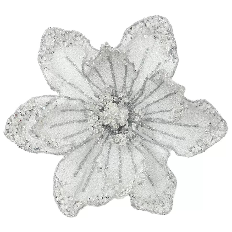 Christmas Forever MAGNOLIA HEAD SILVER 8.5″ GLITTER METALLIC W/ CLIP
