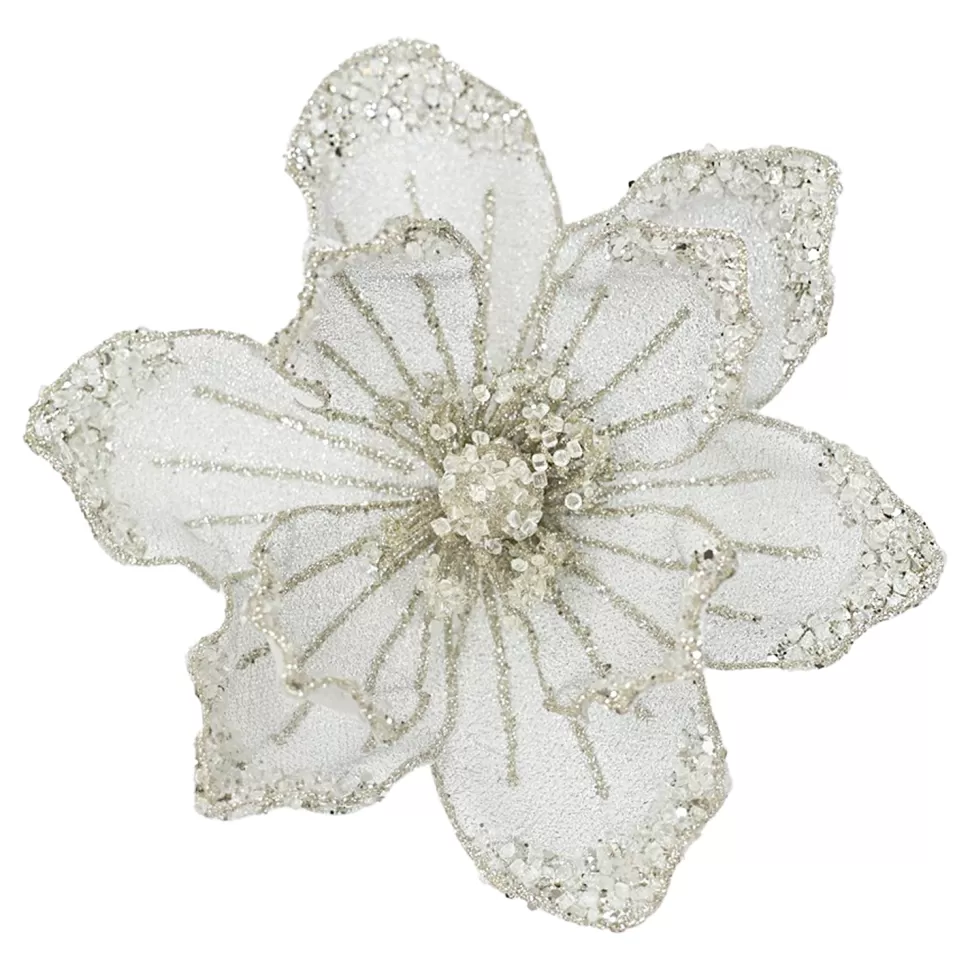Christmas Forever MAGNOLIA HEAD SILVER/PT 8.5″ GLITTER METALLIC W/ CLIP