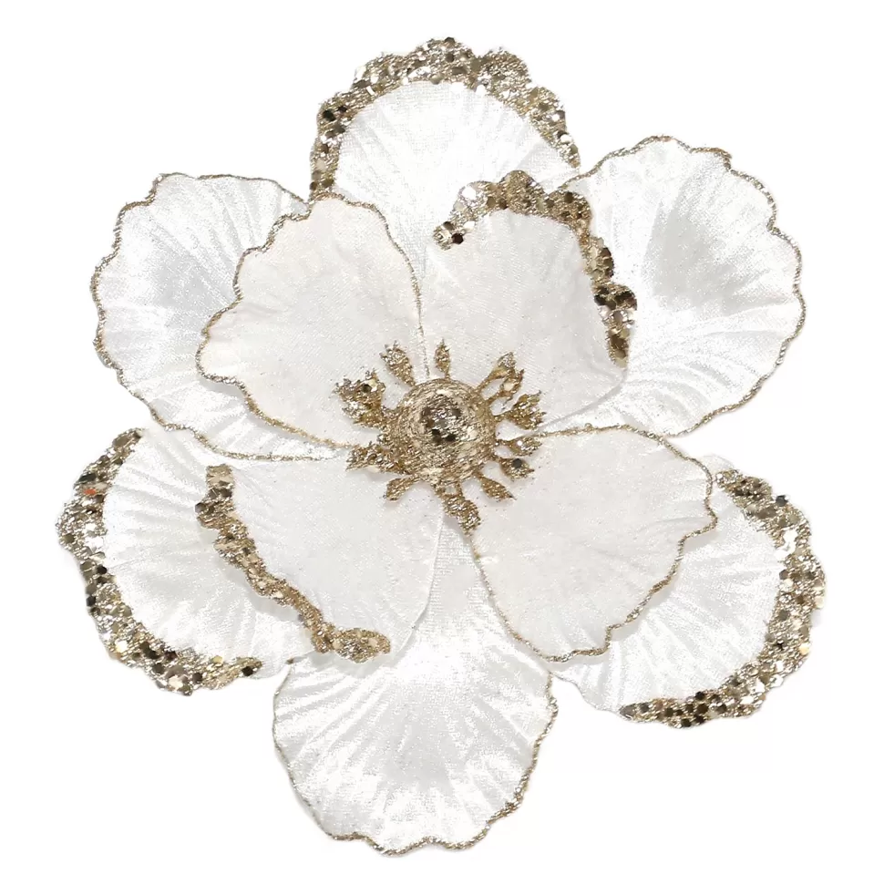 Christmas Forever MAGNOLIA HEAD WHITE 8.5″ VELVET W/ G0LD GLITR. & SEQUIN W/ CLIP