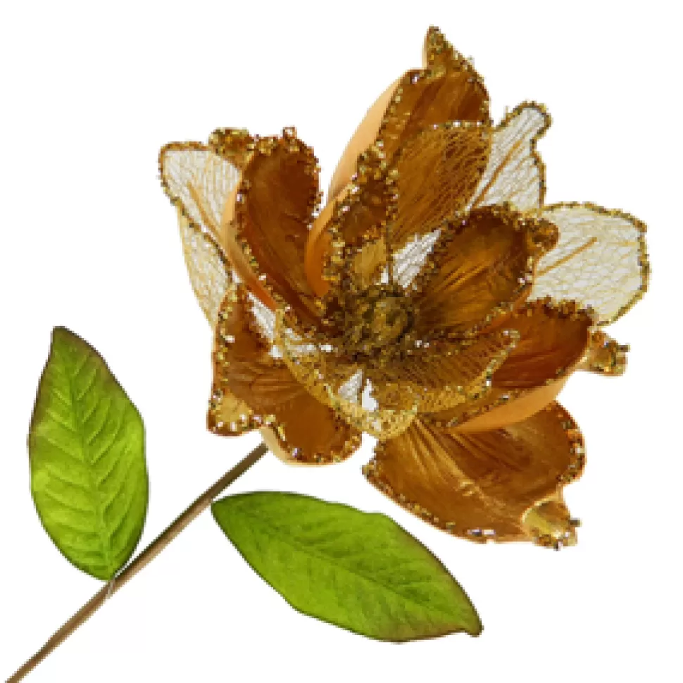 Christmas Forever MAGNOLIA STEM GOLD 7″ HEAD METALLIC W/GLITTER TRIM