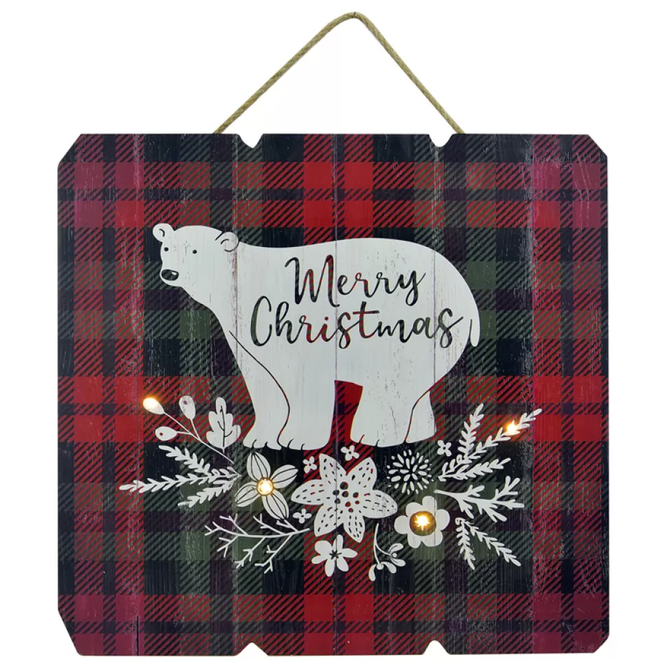 Christmas Forever MDF WALL DECOR 16″X16″ 4 LED BEAR PRINT ON RED/ BLK BUFFALO PLAID (TMR)