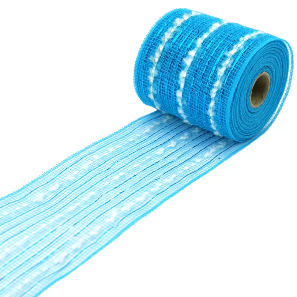 Christmas Forever MESH RIBBON 4″ X 20 YDS BLUE (ICE) W/ COTTON STIPES