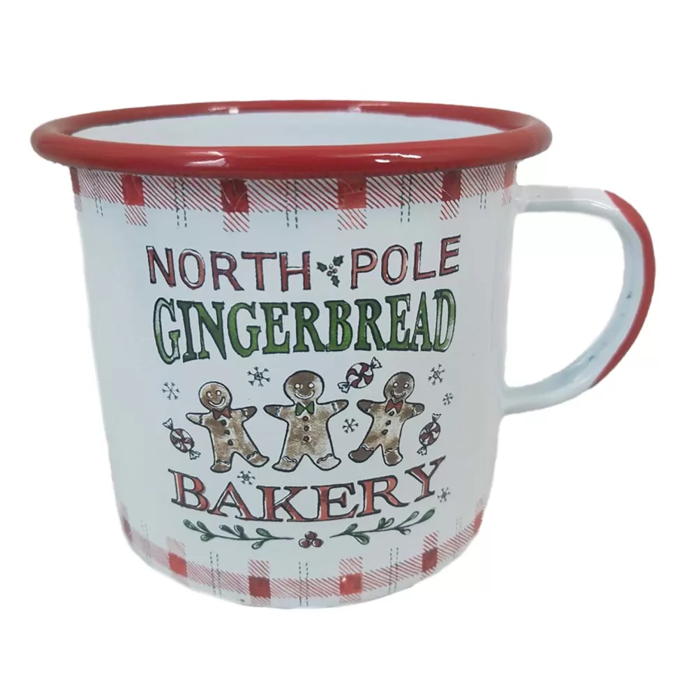 Christmas Forever METAL ENAMEL MUG 4″ W/ “NORTH POLE GINGERBREAD BAKERY”