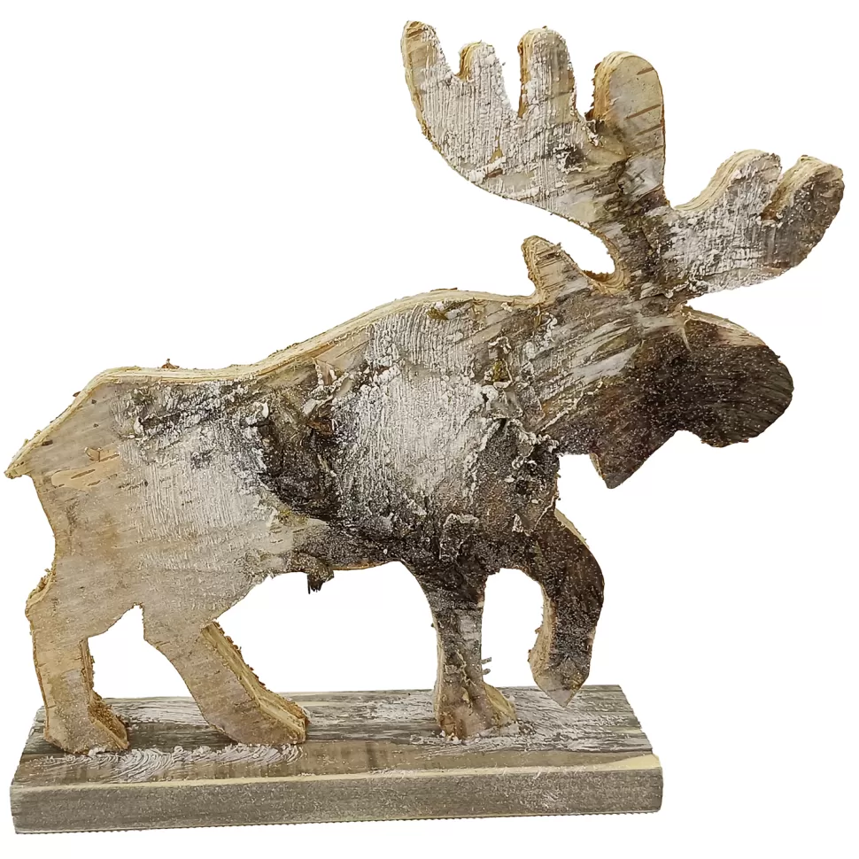 Christmas Forever MOOSE WOODEN TABLE DECOR 9.5″x9″ FROSTED NATURAL/BIRCH LOOK