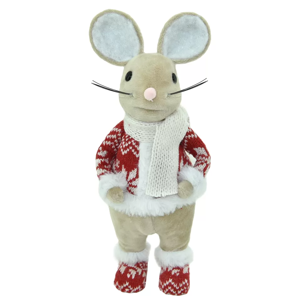 Christmas Forever MOUSE BEIGE 10″STANDING BOY W/ RED NORDIC PRINT SWEATER & BOOTS