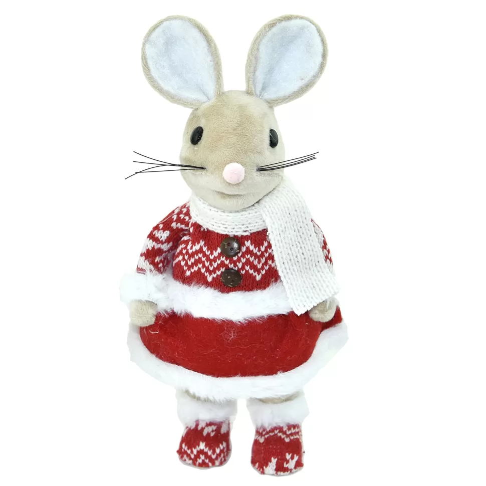 Christmas Forever MOUSE BEIGE 10″STANDING GIRL W/ RED NORDIC PRINT DRESS & BOOTS