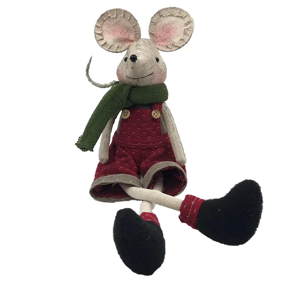 Christmas Forever MOUSE RED/GRAY BOY DANGLING LEGS 15.4″ W/ SCARF