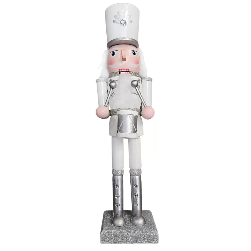 Christmas Forever NUTCRACKER WOODEN STANDING 15″ WHITE/SILVER W/ DRUM