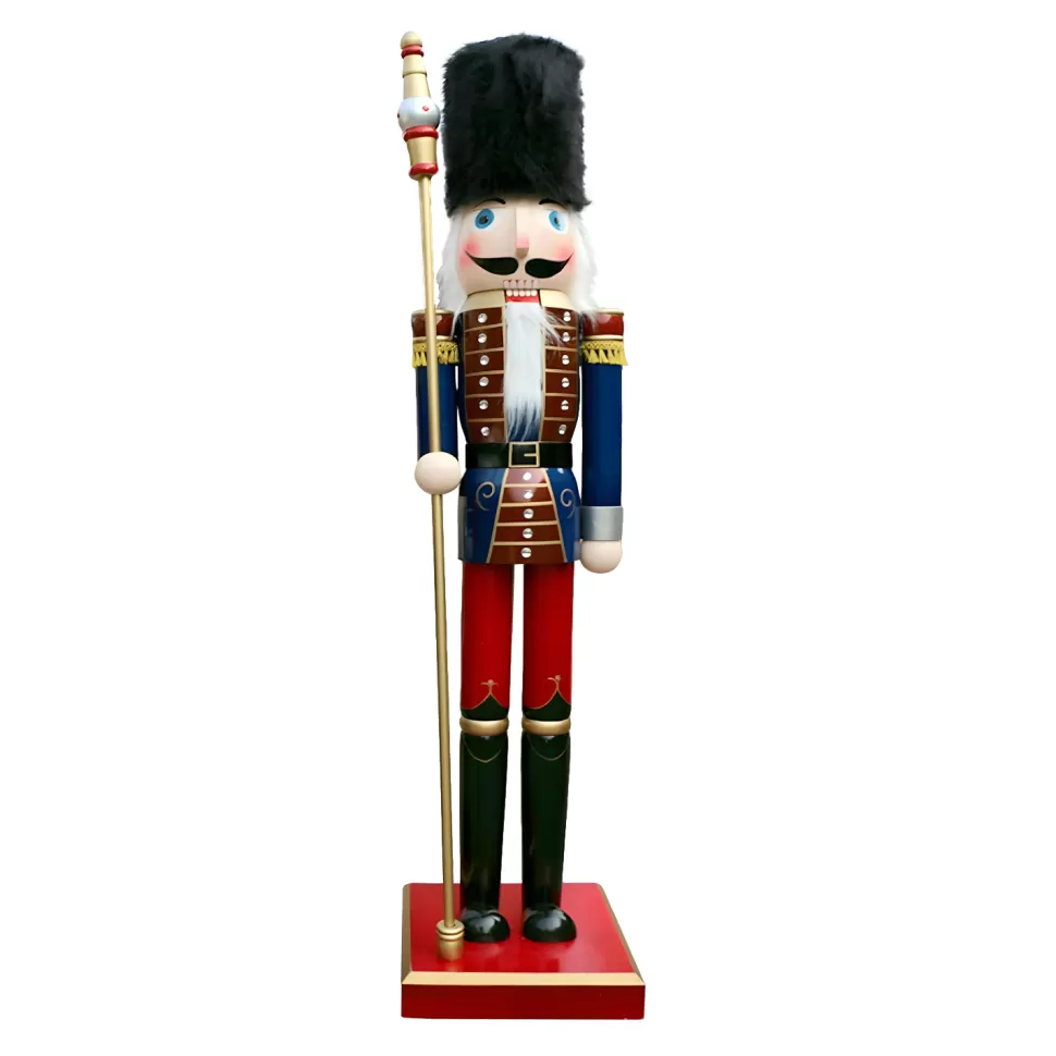 Christmas Forever NUTCRACKER WOODEN STANDING 72″ RED/BLUE W/ JEWELS & STAFF