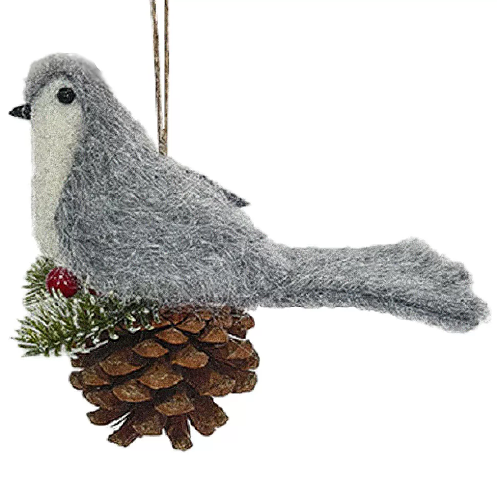 Christmas Forever ORN BIRD FAUX FUR GREY 6″ W/ PINECONE