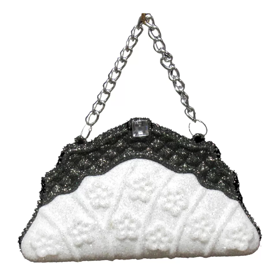 Christmas Forever ORN BLACK/WHITE HAND BAG 3″ W/ CHAIN, JEWEL & GLTR.