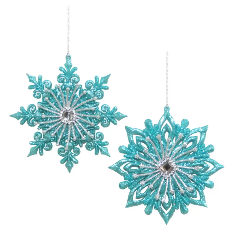 Christmas Forever ORN BLUE / AQUA SNOWFLAKE 5″ W/ GLITTER & JEWEL 2 ASST.