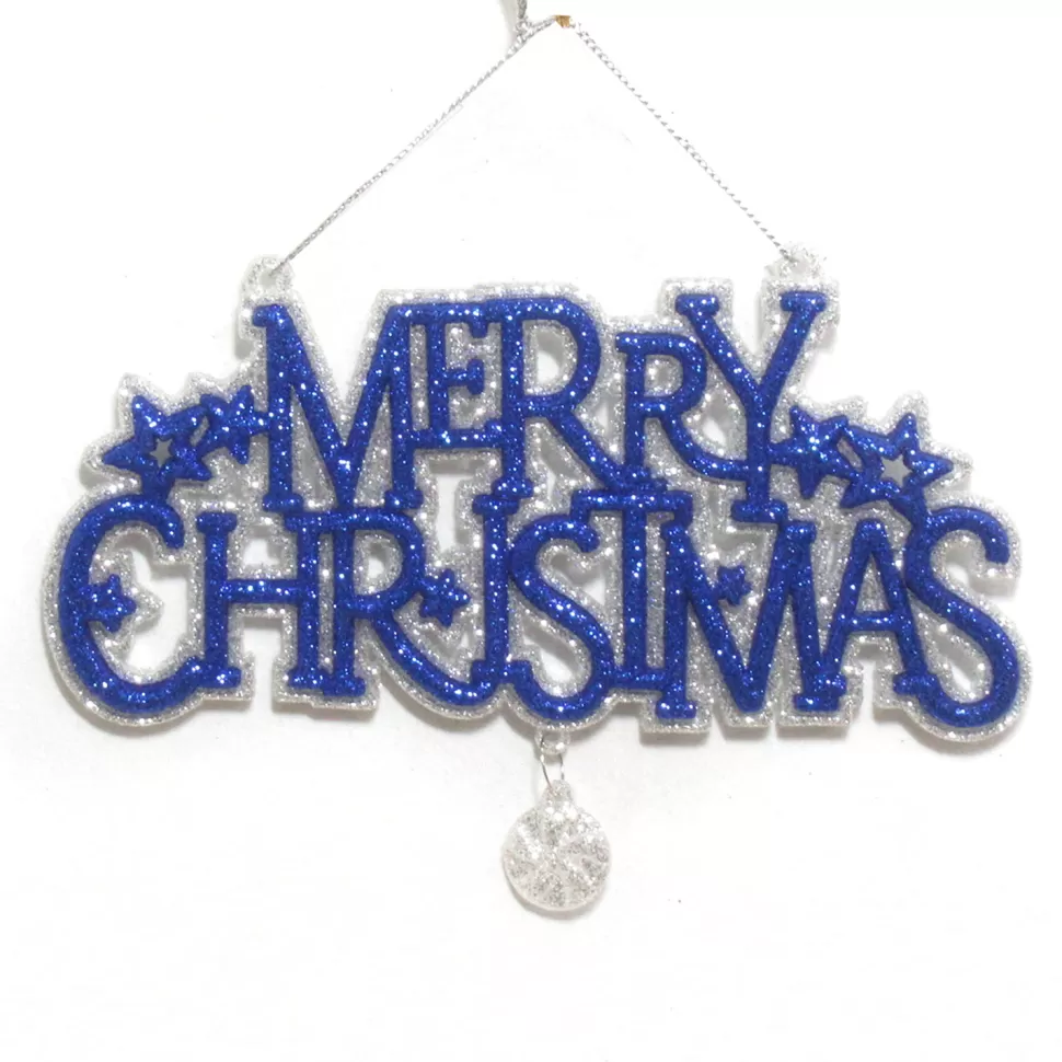 Christmas Forever ORN BLUE/SILVER “MERRY CHRISTMAS” 6″ X 4″ W/ GLITTER & CANDY
