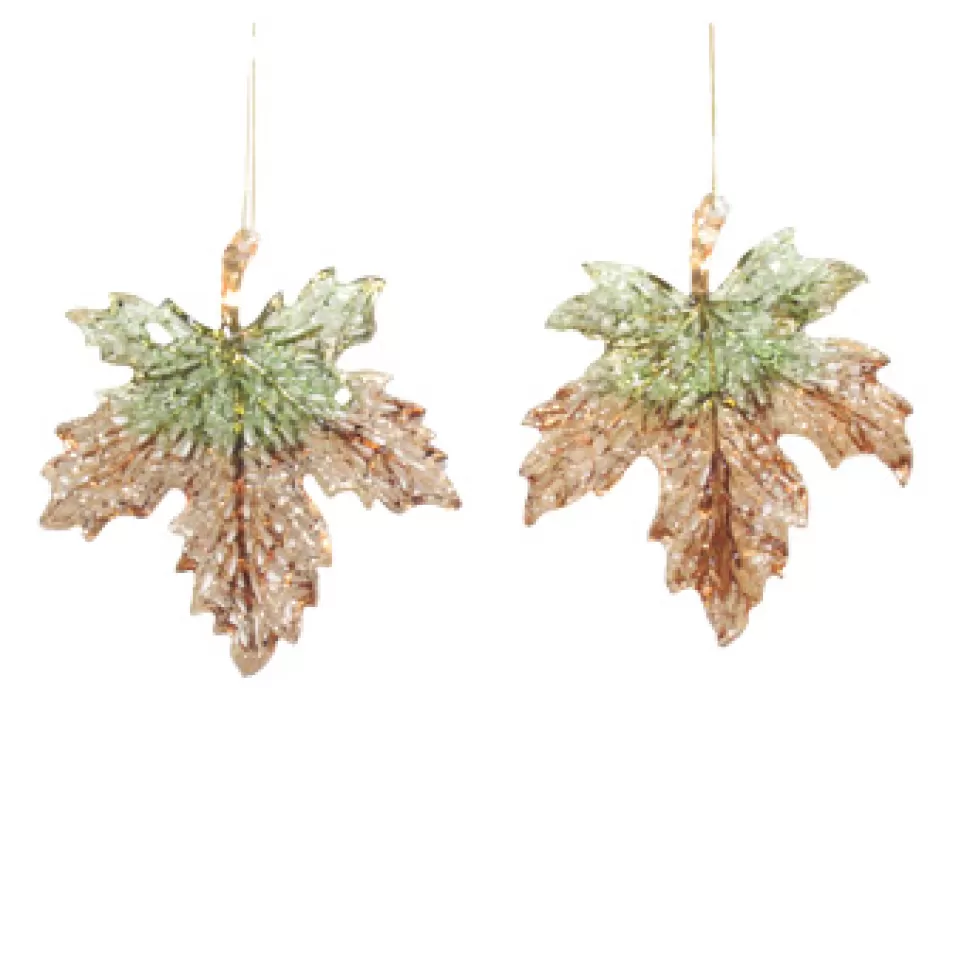Christmas Forever ORN BROWN/GRN MAPLE LEAF 5″ W/ GLTR. 2/S