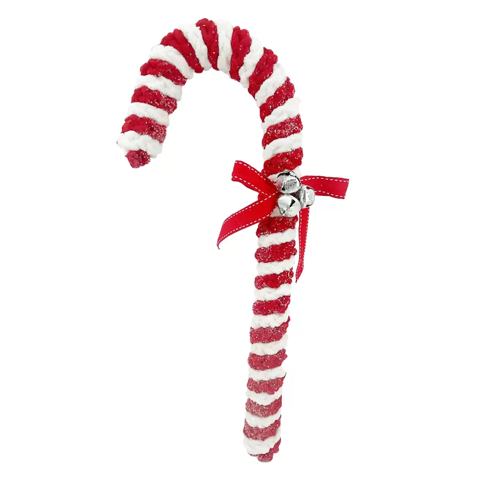 Christmas Forever ORN CANDY CANE 17.5″ RED /WHITE FABRIC W/ BELLS & BOW