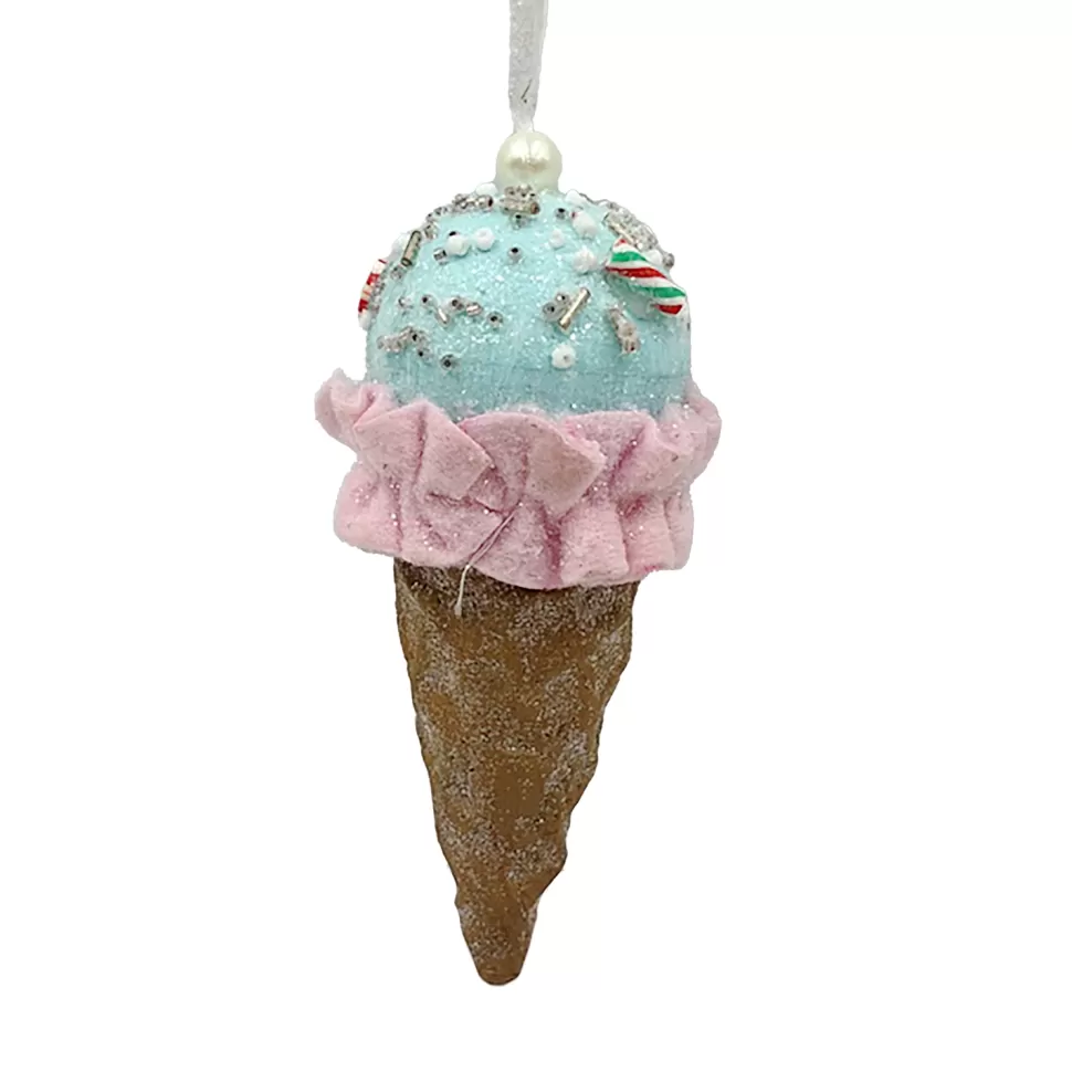 Christmas Forever ORN CANDY SPRINKLE ICE CREAM IN CONE 5.5″ LT. BUE/PINK/BROWN W/ COLORFUL BEADED SPRINKLES