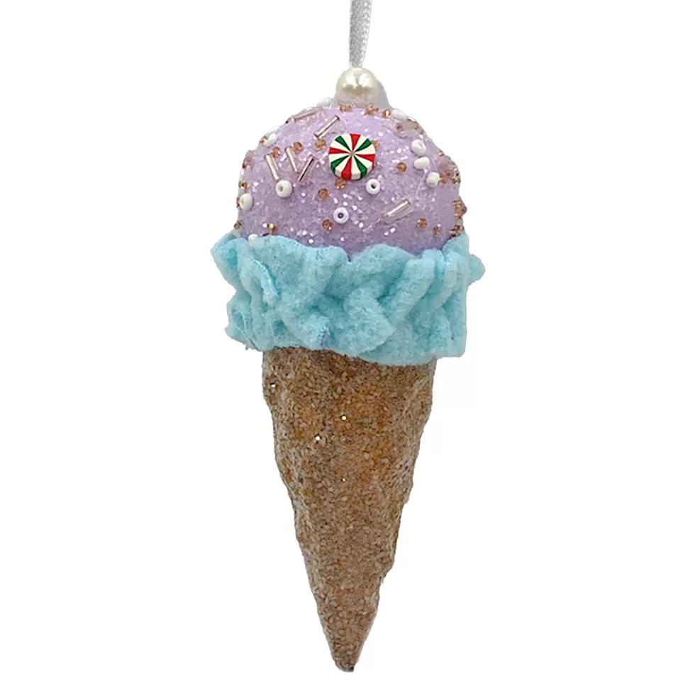 Christmas Forever ORN CANDY SPRINKLE ICE CREAM IN CONE 5.5″ PURPLE/LT. BLUE/BROWN W/ COLORFUL BEADED SPRINKLES