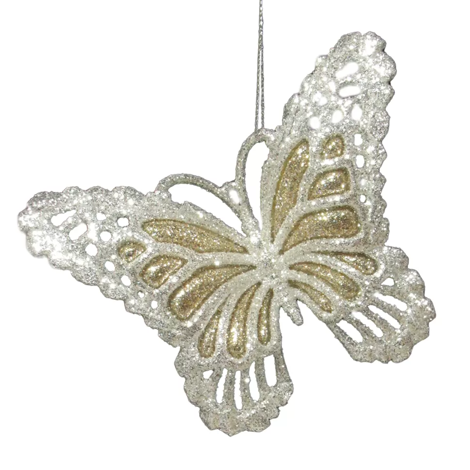 Christmas Forever ORN CHAMP/SILVER BUTTERFLY 4.75″x3.75″ W/ BRIGHT SILVER GLITTER