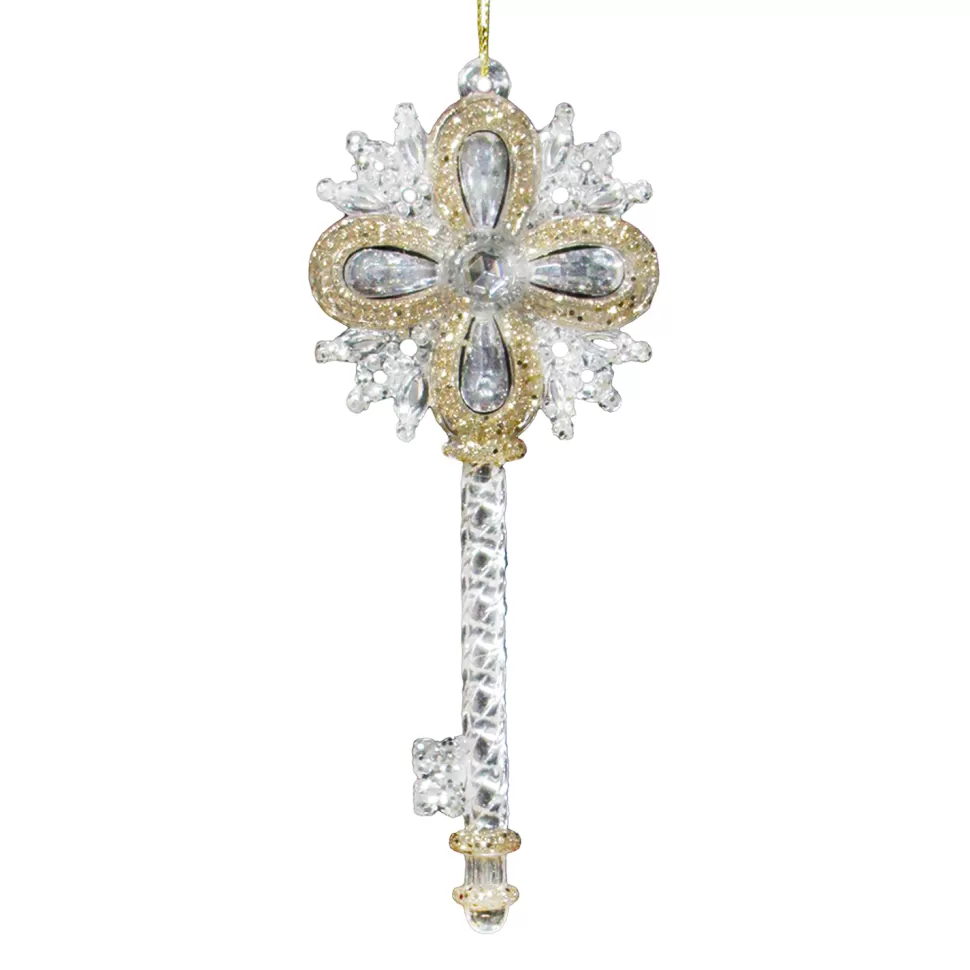 Christmas Forever ORN CLEAR GOLD ENGRAVED KEY 5.75″ W/ GOLD & SLV. GLTR