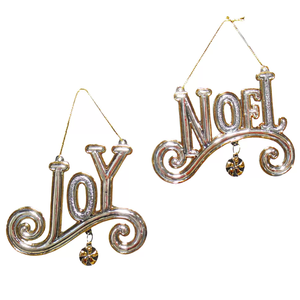 Christmas Forever ORN CLEAR GOLD GILT JOY & NOEL 3.25″ &3.75″ W/ GLTR.