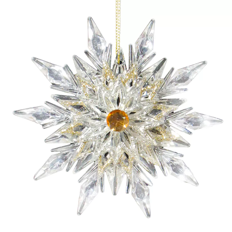 Christmas Forever ORN CLEAR GOLD SUN STAR 4.25″ W/ JEWEL & CHAMP, BRIGHT SLV. GLTR