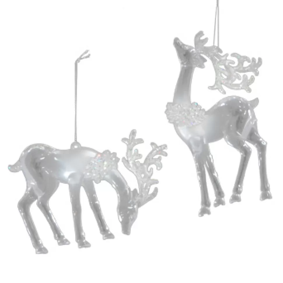 Christmas Forever ORN CLEAR PEARL DEER 3.3″ & 5.5″ W/ ICE WHITE GLITTER, 2 ASSTD.