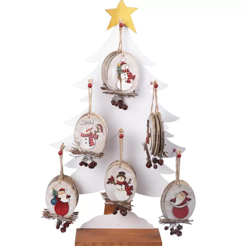 Christmas Forever ORN DSP WOODEN DISC BIRCH SANTA & SNOWMAN W/ TWIGS & BELLS 5″ W/ DISPLAY 6/S