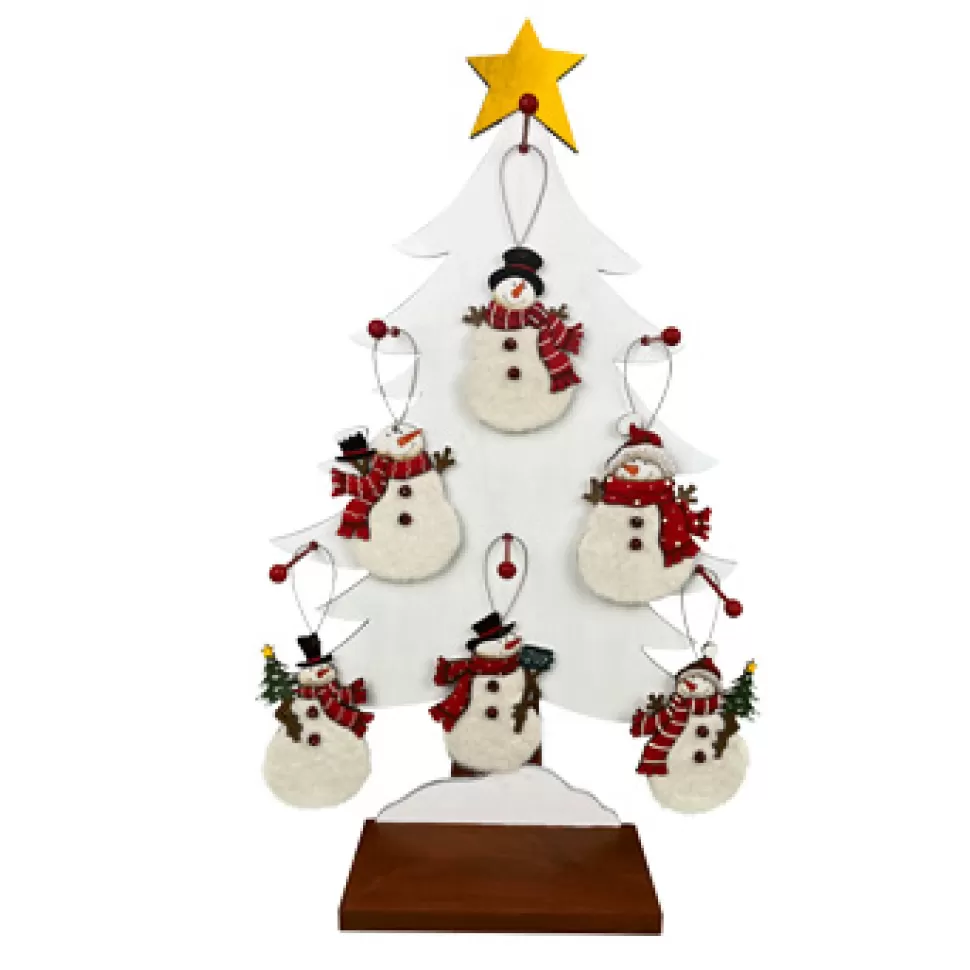 Christmas Forever ORN DSP WOODEN SNOWMAN FUR 5″ W/TREE DISPLAY 6 ASSTD.