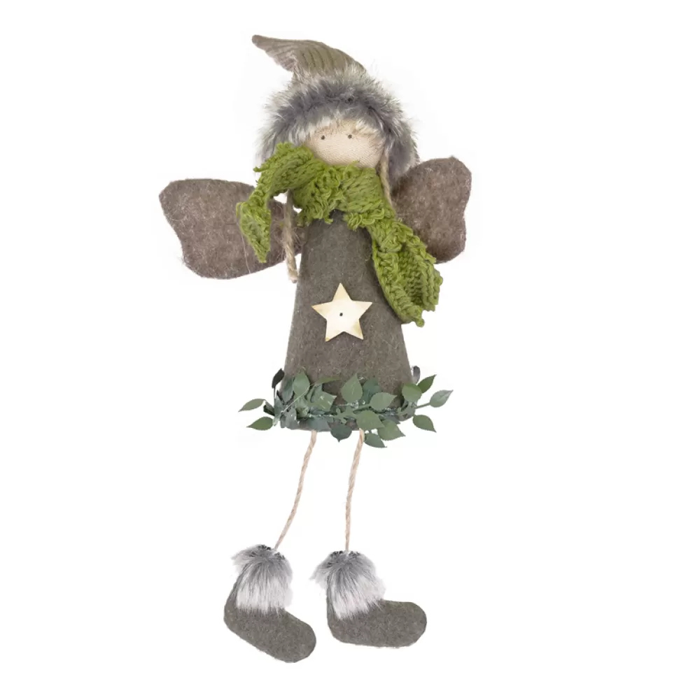 Christmas Forever ORN FABRIC ANGEL 7″ BROWN W/ FAUX FUR HAT & GREEN SCARF