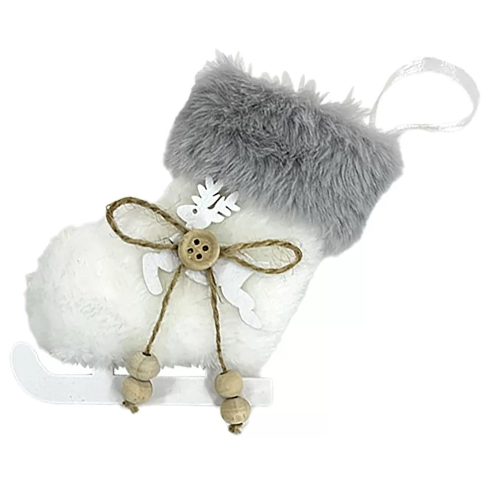 Christmas Forever ORN FABRIC BOOT FAUX FUR WHITE 4″ W/ REINDEER