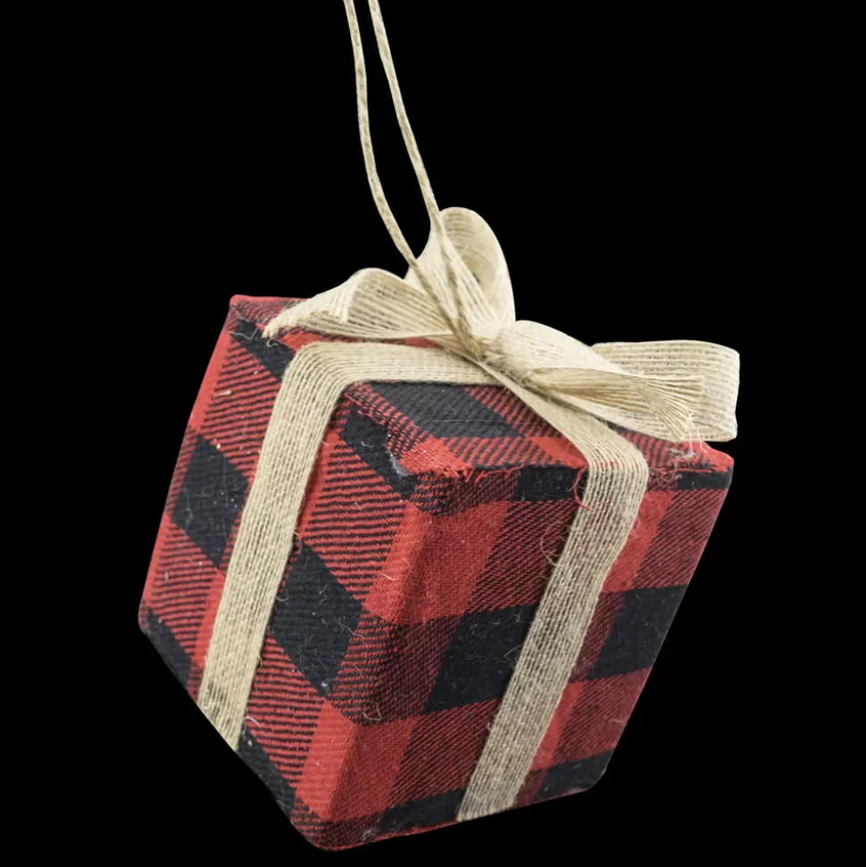 Christmas Forever ORN FABRIC GIFT BOX 3″ RED/ BLACK BUFFALO PLAID W BOW