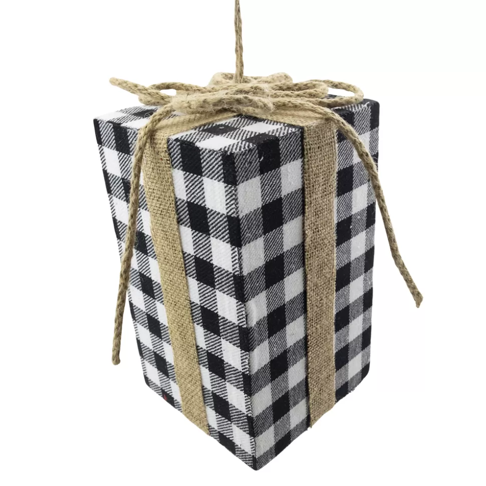 Christmas Forever ORN FABRIC GIFT BOX 8″ BLACK/ WHITE PLAID W/ROPE BOW