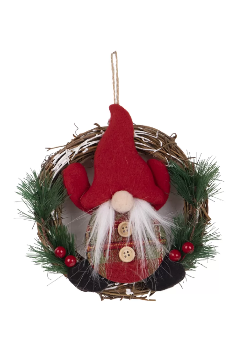 Christmas Forever ORN FABRIC GNOME IN WREATH 6″ RED/ GRN PLAID SHIRT & PINE NEEDLE W/ BERRIES